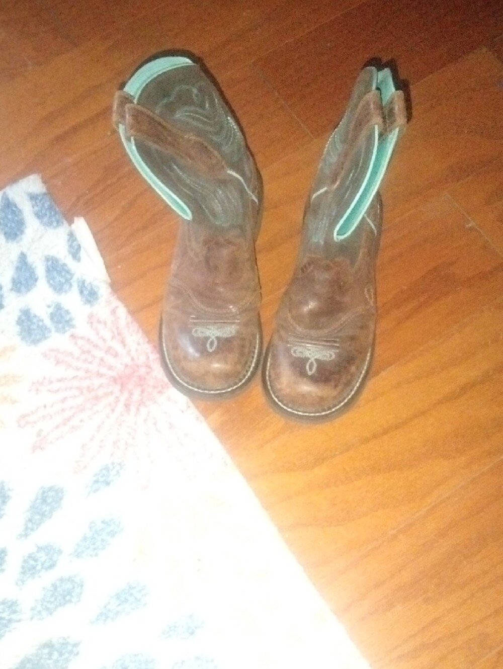 Ariat Brown Leather Cowboy Boots with Teal Stitching - Picture 2 of 4